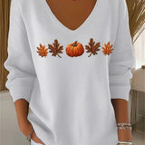 Lydia pumpkin leaf v neck sweatshirt in white, detail view