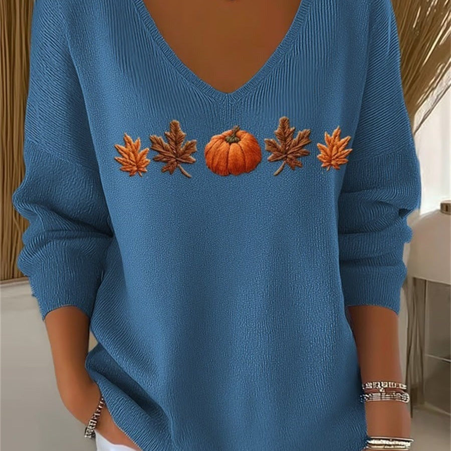 Lydia | Halloween Autumn Maple Leaf and Pumpkin Print Long Sleeve V-Neck Casual Sweatshirt