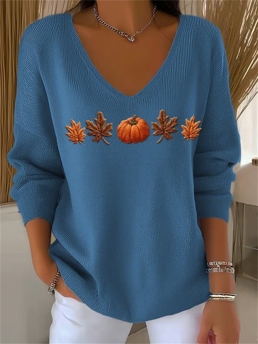 Lydia pumpkin leaf v neck sweatshirt in blue, detail view