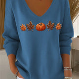 Lydia pumpkin leaf v neck sweatshirt in blue, detail view