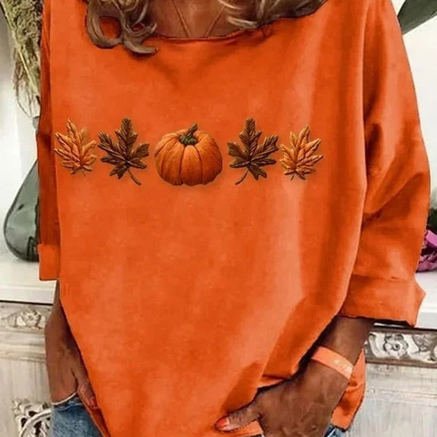 Claire pumpkin maple leaf top in orange, front view