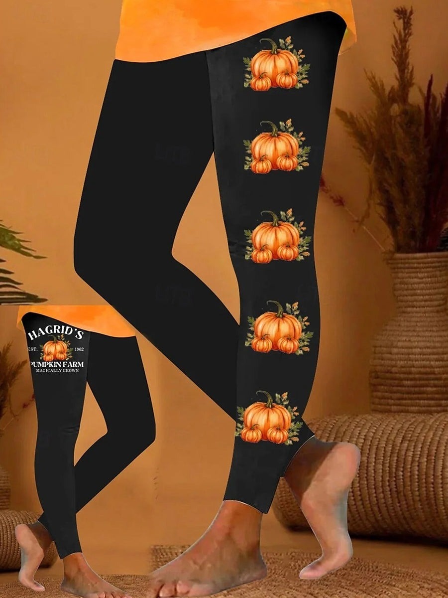 Penelope pumpkin print leggings in black, front view