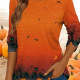 Natalie | Halloween-Inspired Cat Printed Round Neck Long Sleeve T-shirt