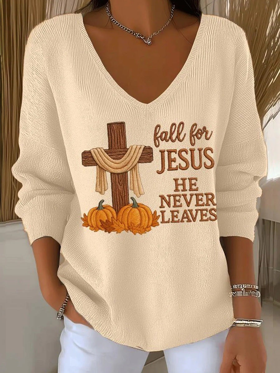 Ivy Cross Pumpkin V-Neck Sweater in beige, front view