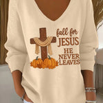 Ivy Cross Pumpkin V-Neck Sweater in beige, front view