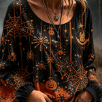 Josephine spiderweb pumpkin blouse in black, orange, front view