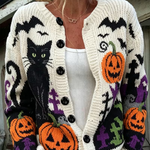 Daniela Cat Pumpkin Knit Cardigan in white, front view