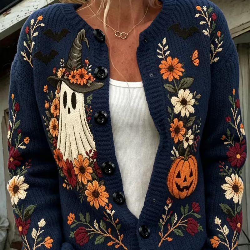 Barbara ghost pumpkin floral cardigan in blue, front view