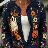 Barbara | Halloween-Inspired Ghost Pumpkin Floral Embroidered Button Front Knit Cardigan