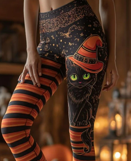 Angela Witch Cat Striped Leggings, detail view