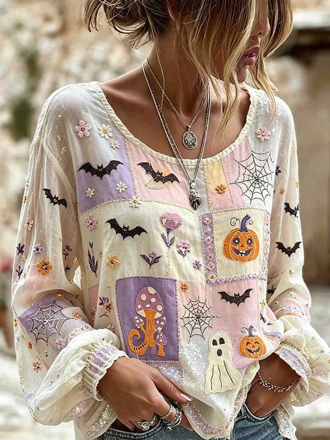 Deborah Halloween Patchwork Blouse in white and pink, front view