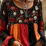 Lucia halloween floral blouse in black, orange, red, detail view