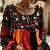 Lucia halloween floral blouse in black, orange, red, front view
