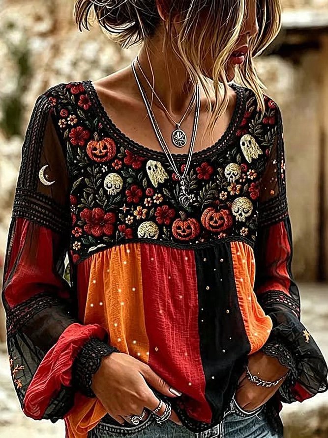 Lucia halloween floral blouse in black, orange, red, front view