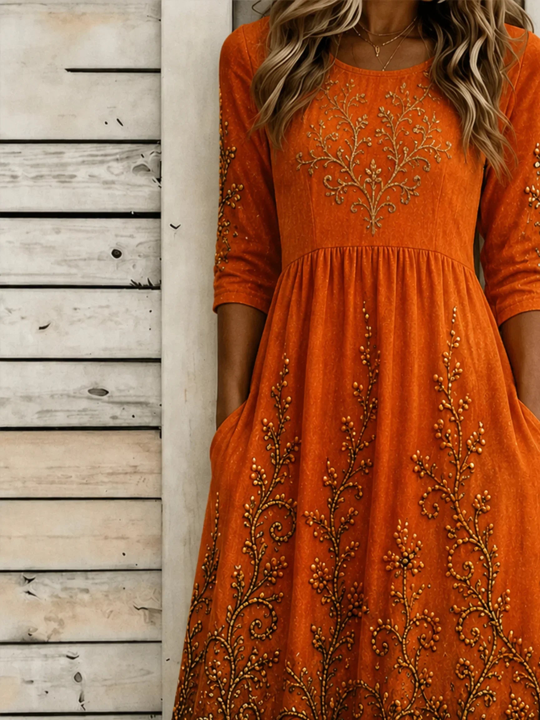 Gemma Pumpkin Vine A-Line Dress, detail view