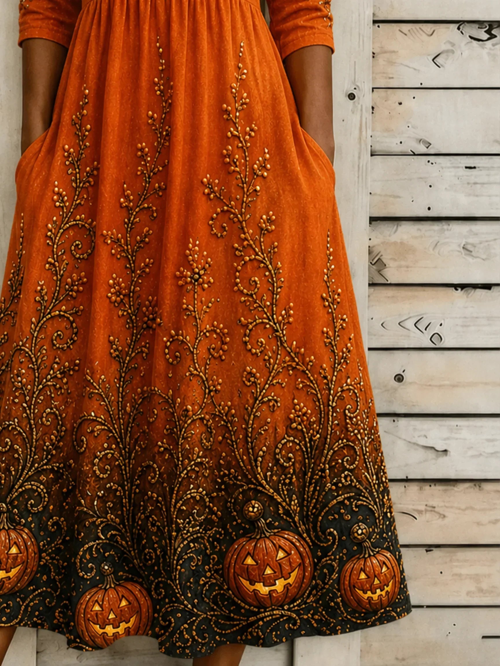 Gemma Pumpkin Vine A-Line Dress, detail view
