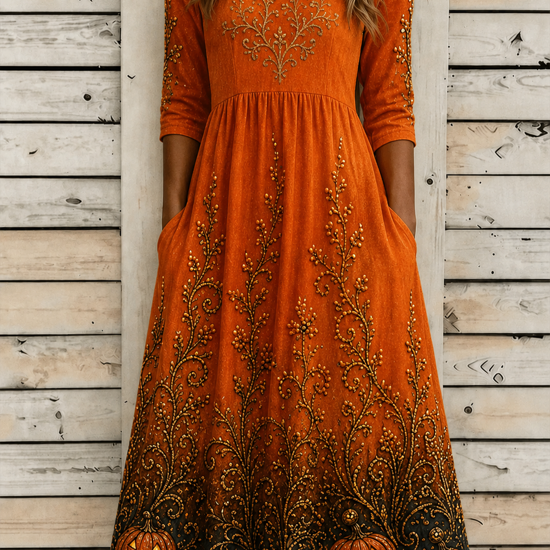 Gemma Pumpkin Vine A-Line Dress in orange, front view
