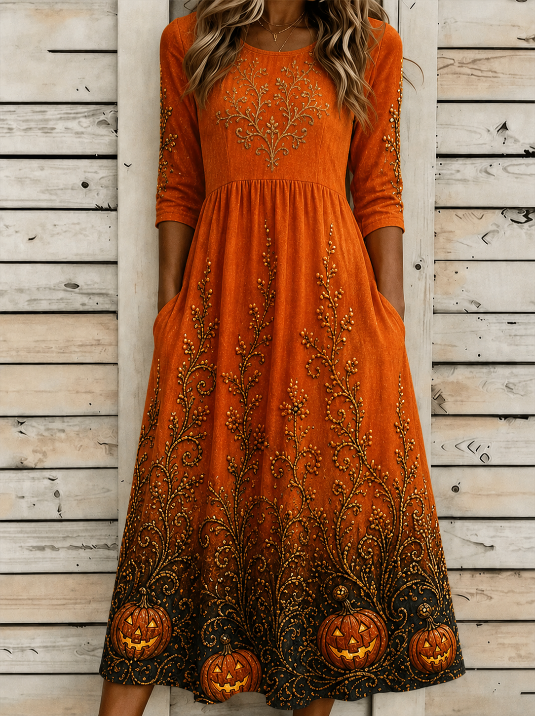 Gemma Pumpkin Vine A-Line Dress in orange, front view