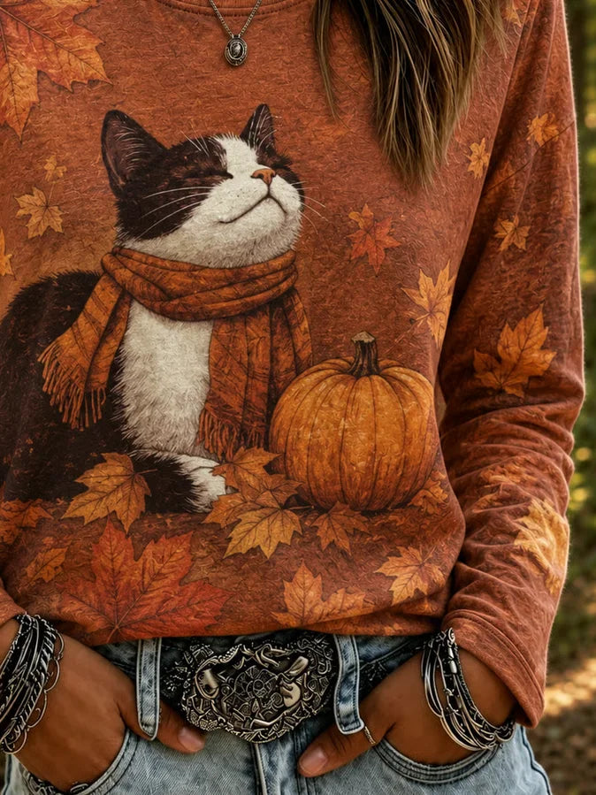Judith Cat Pumpkin Long Sleeve Tee, detail view