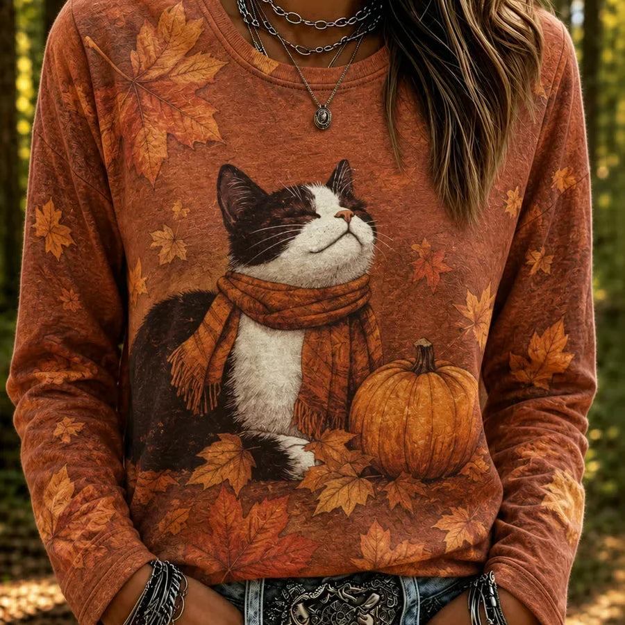 Judith Cat Pumpkin Long Sleeve Tee in brown, front view