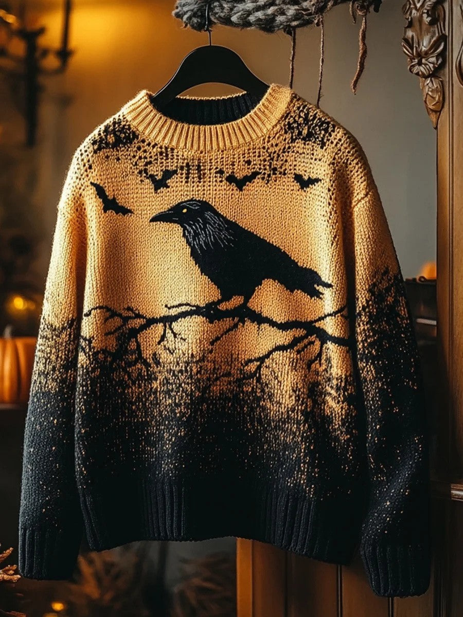 Cristina gothic crow print sweater in yellow, black, front view