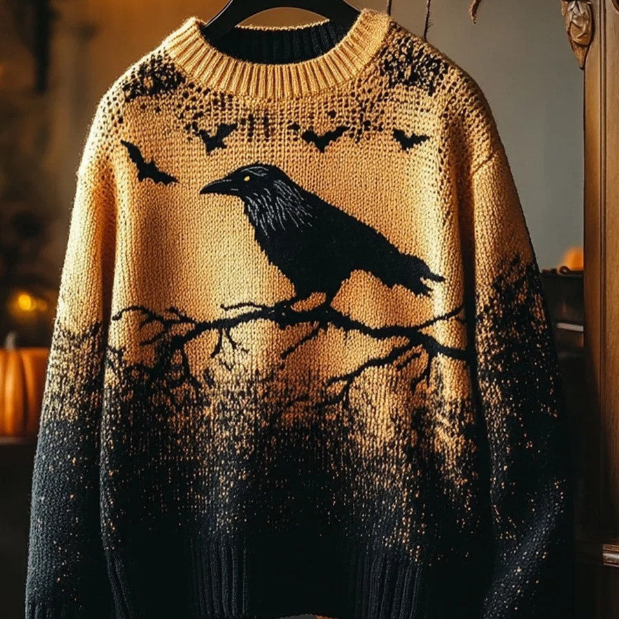 Cristina gothic crow print sweater in yellow, black, front view