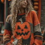 Charlotte Pumpkin Patchwork Sweater in orange and gray, front view