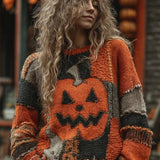 Charlotte Pumpkin Patchwork Sweater in orange and gray, front view
