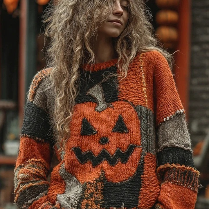 Charlotte Pumpkin Patchwork Sweater in orange and gray, front view