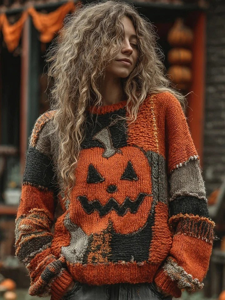 Charlotte Pumpkin Patchwork Sweater in orange and gray, front view