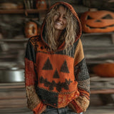 Skylar pumpkin patchwork hoodie in orange, black, beige, detail view