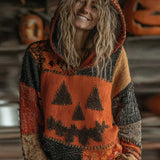 Skylar | Halloween-Inspired Pumpkin Face Patchwork Stitched Cozy Knit Hoodie