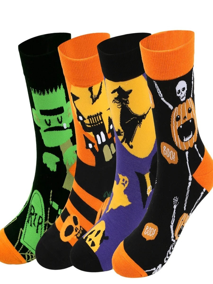 Charlotte halloween print socks in orange, green, yellow, purple and black, detail view