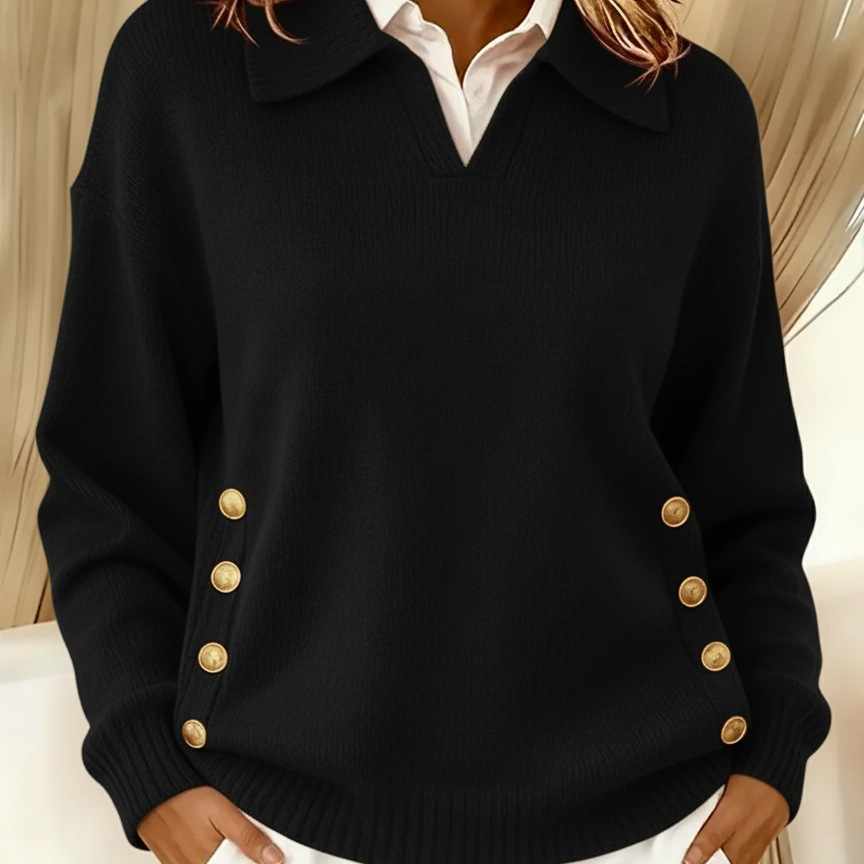 Barbara | Polo Collar Sweater with Gold Buttons