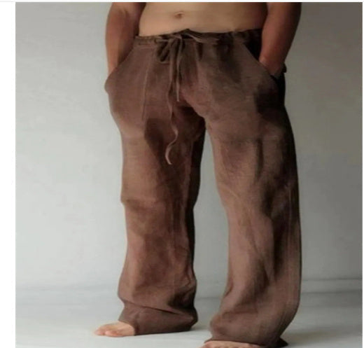 Teddy men's linen blend drawstring pants in Plain Brown, view 12