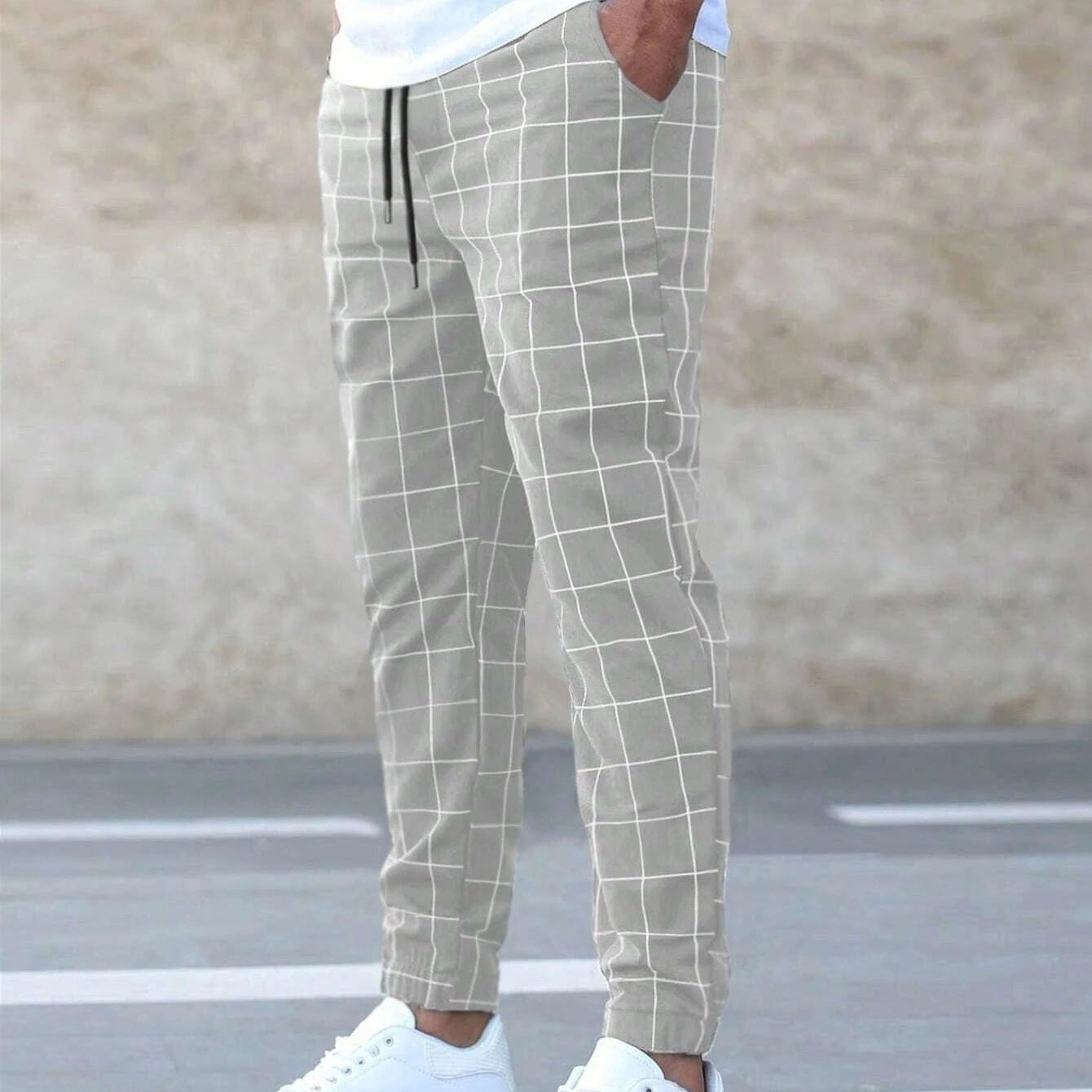 Myles men's windowpane check jogger pants in Khaki, front view