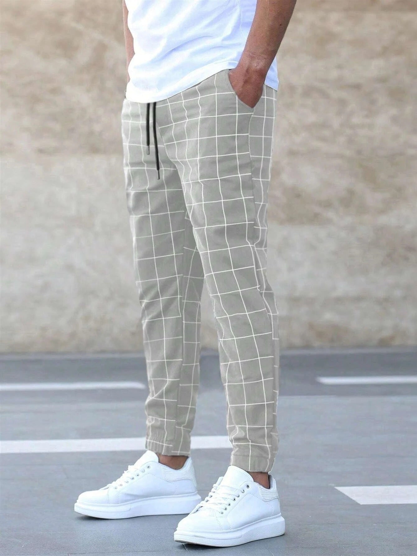 Myles men's windowpane check jogger pants in Khaki, front view