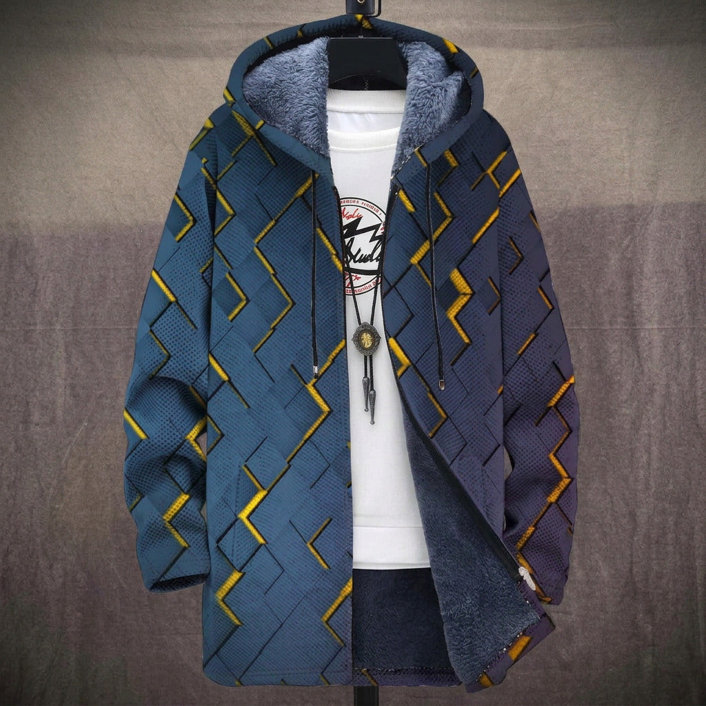 Deborah navy gold geometric print hooded fleece lined jacket, front view