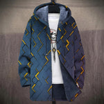Deborah navy gold geometric print hooded fleece lined jacket, front view