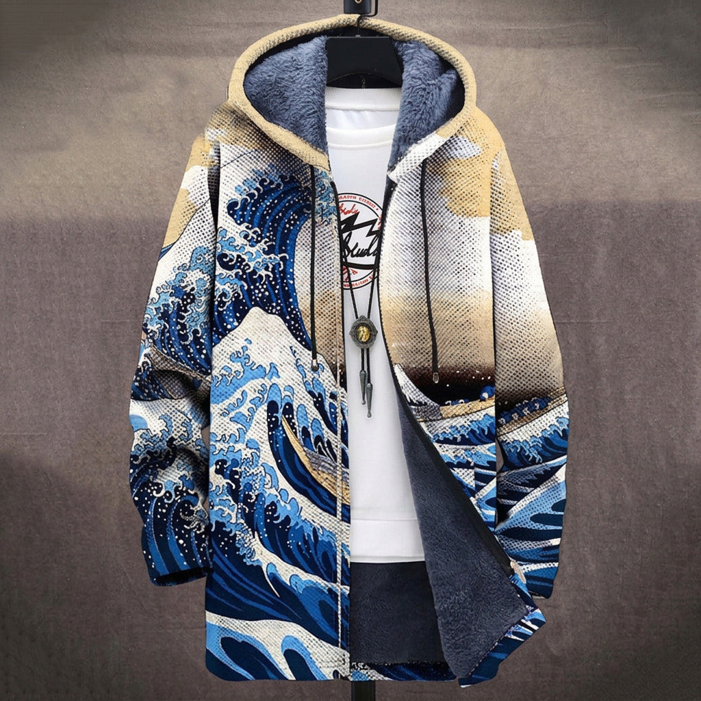 Dora great wave print hooded fleece lined jacket, front view