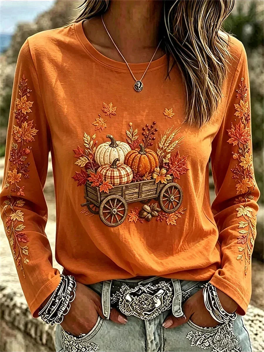Evelyn maple leaf pumpkin t-shirt in orange, front view