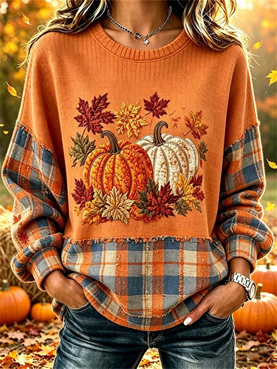 Amelia pumpkin plaid sweatshirt in orange, front view