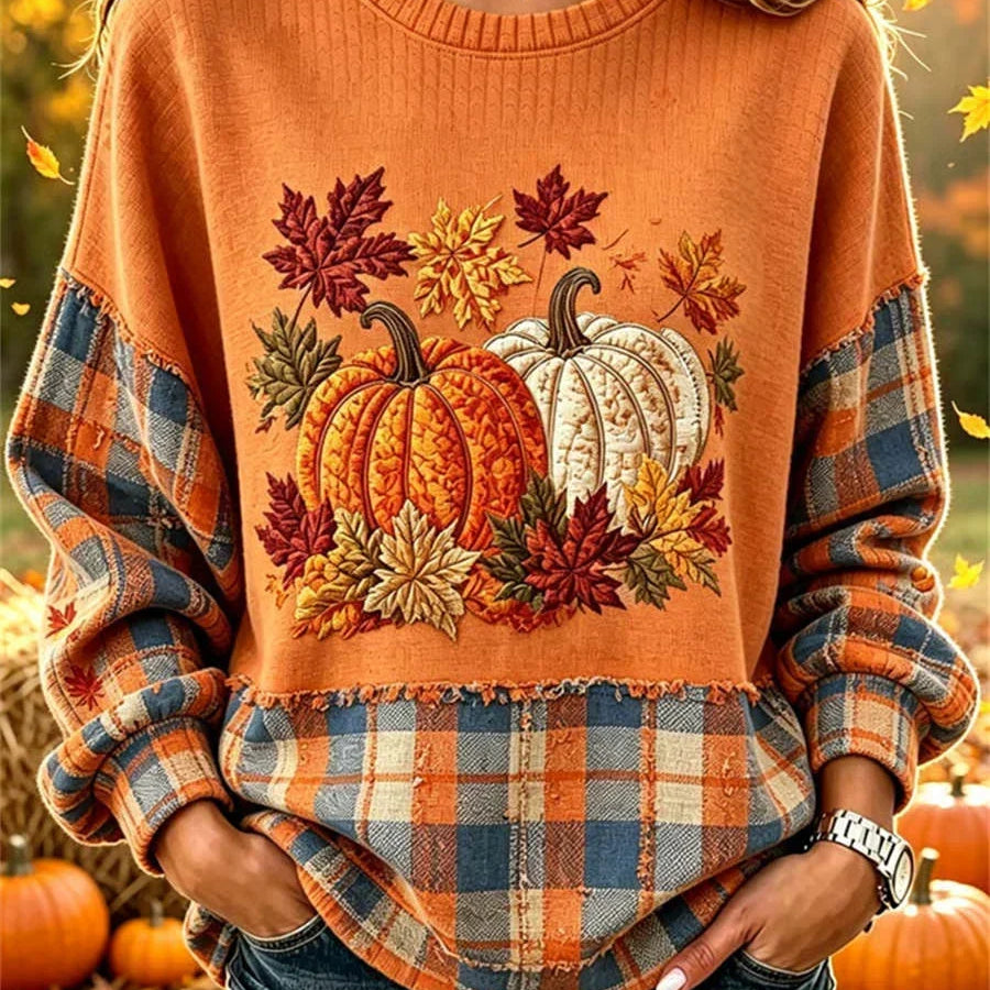 Amelia pumpkin plaid sweatshirt in orange, front view
