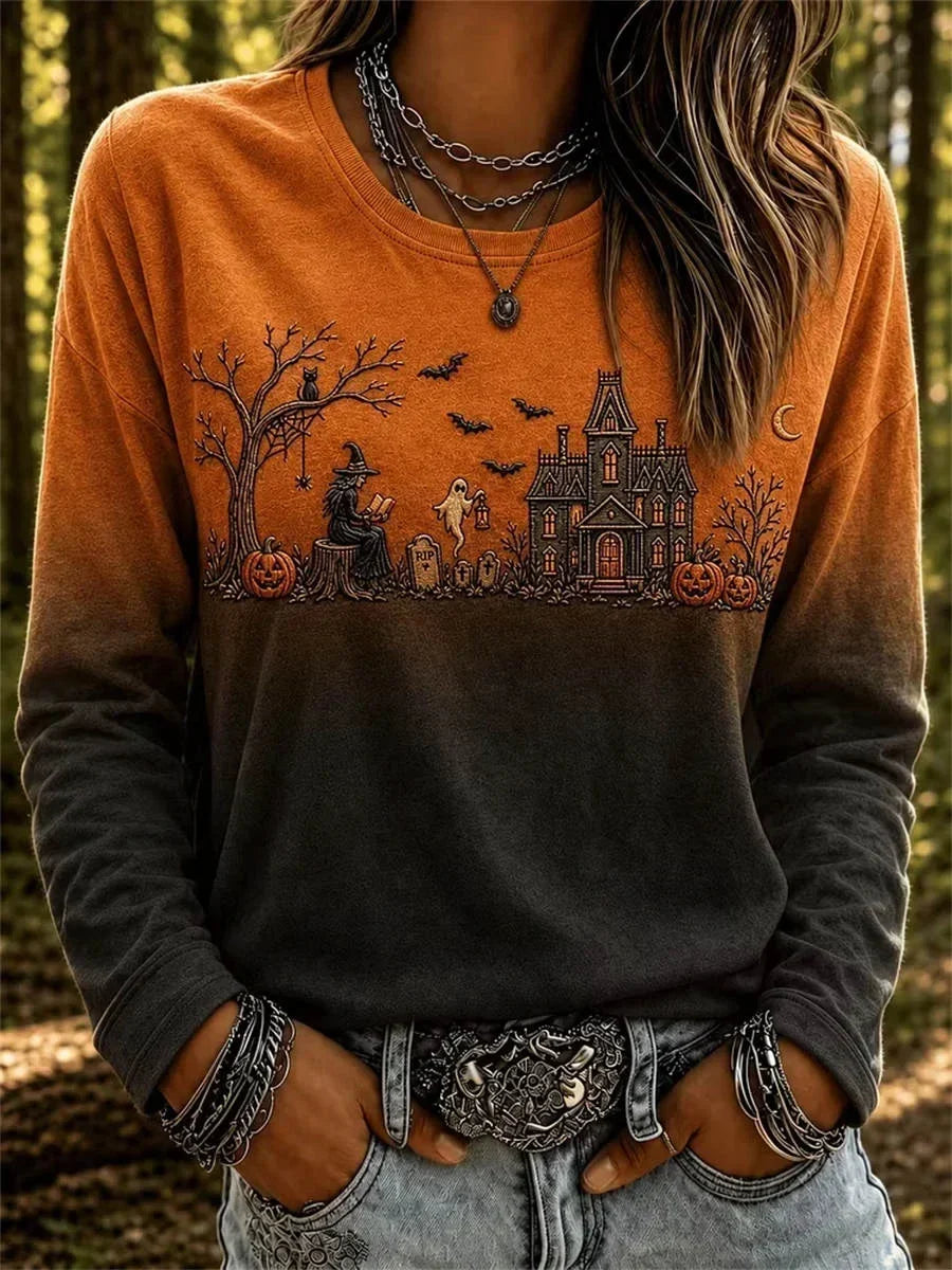 Gloria Haunted House Long Sleeve Tee in orange and black, front view