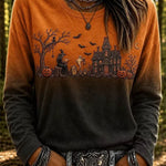 Gloria Haunted House Long Sleeve Tee in orange and black, front view