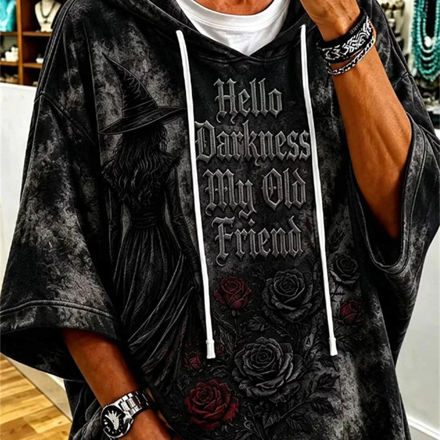 Hannah Darkness Rose Print Hoodie in black, front view