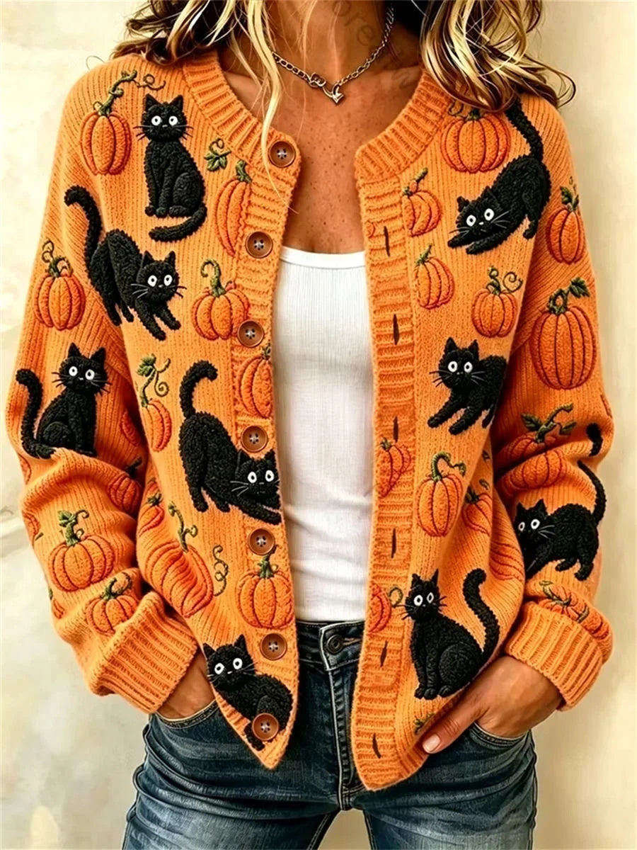 Sarah cat and pumpkin cardigan in orange, front view
