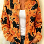 Sarah cat and pumpkin cardigan in orange, front view