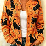 Sarah cat and pumpkin cardigan in orange, front view