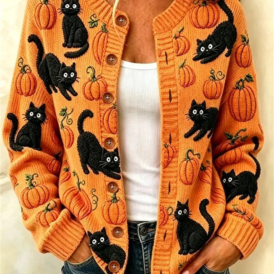 Sarah cat and pumpkin cardigan in orange, front view